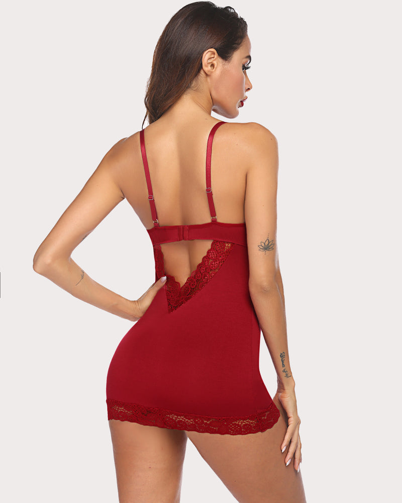 Avidlove red lace chemise sleepwear, bodycon fit, V-neck with adjustable straps and lace details