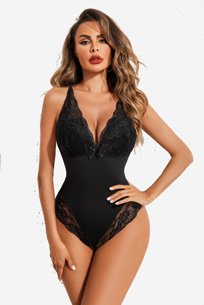 Black lace babydoll one-piece, V-neck with sheer lace panels and high-cut leg