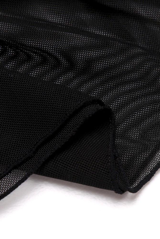 Black mesh skirt detail, part of a 3-piece lace bralette set, sheer design for intimate moments.