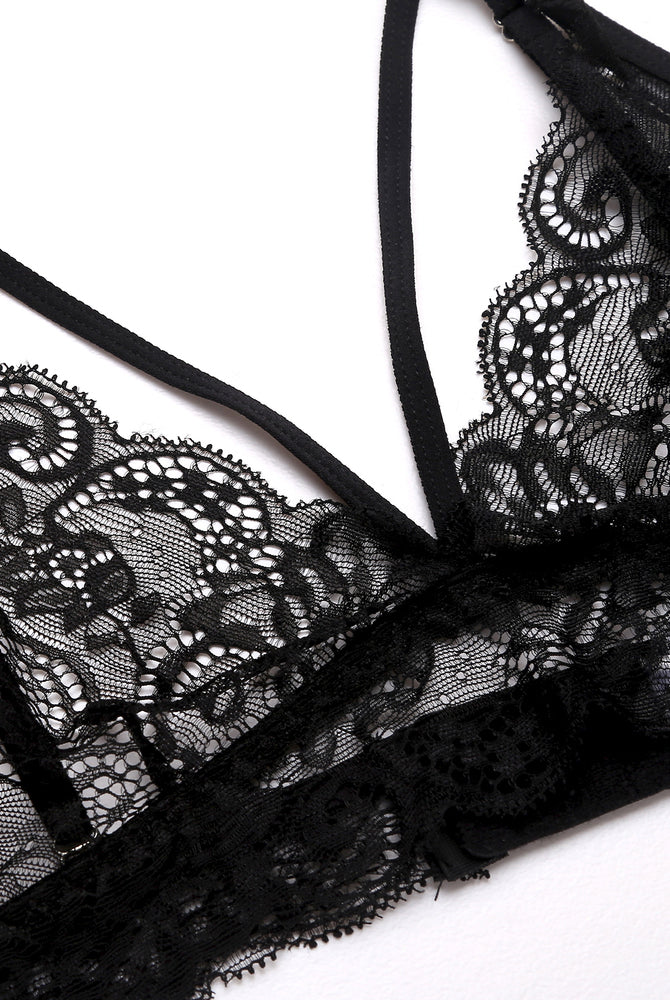 Black lace bralette with sheer cups and lace trim, perfect for intimate moments. Avidlove lingerie.