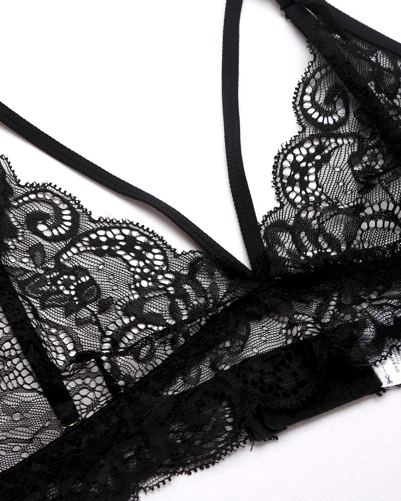 Black lace bralette with sheer cups and lace trim, perfect for intimate moments. Avidlove lingerie.