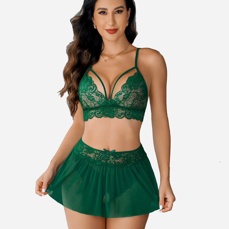 Green lace bralette with matching skirt set. Perfect for intimate moments.