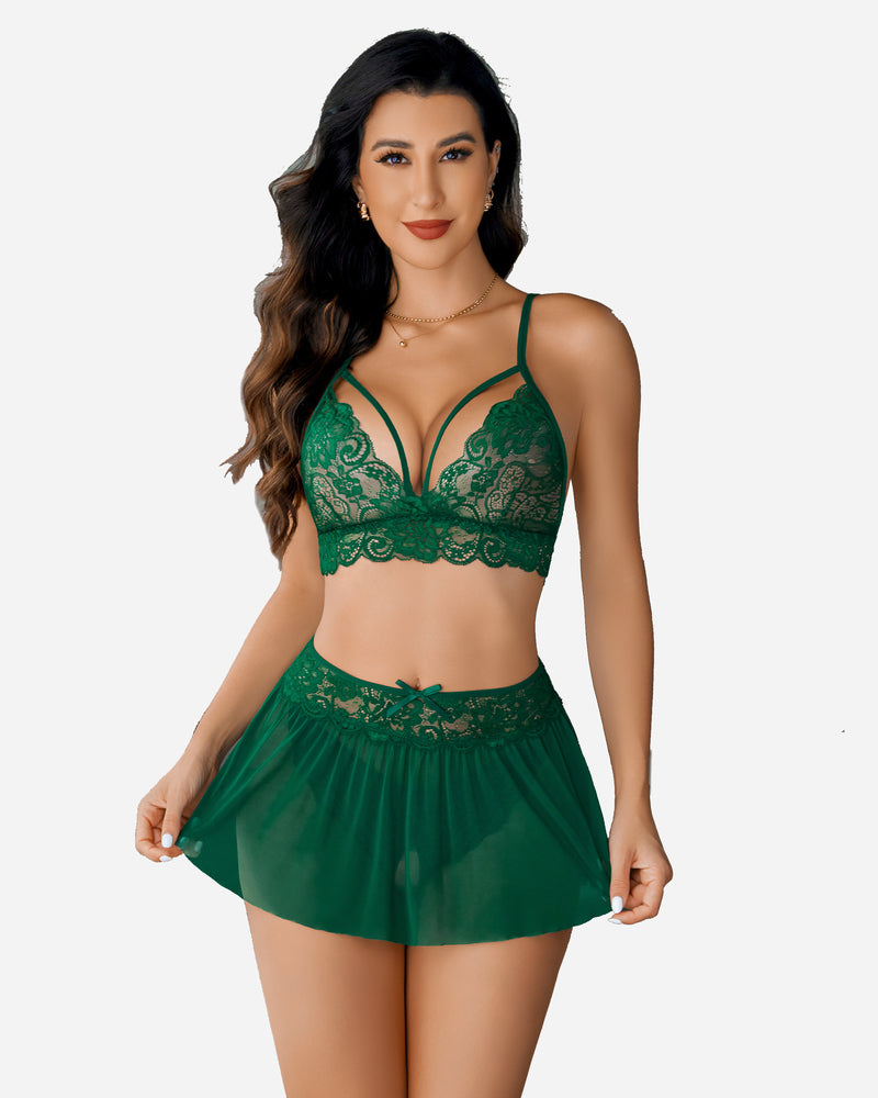 Green lace bralette with matching skirt set. Perfect for intimate moments.