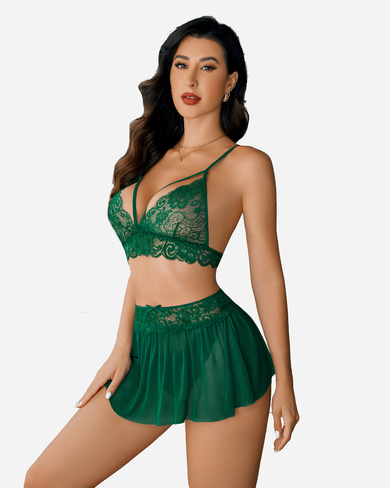 Green lace bralette and mesh skirt set for intimate moments, Avidlove lingerie.