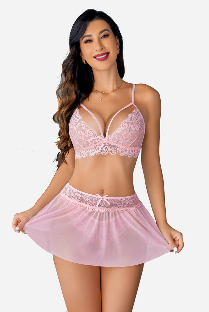 Avidlove pink 3-piece lingerie set: lace bralette, mesh skirt, lace thong. Intimate moments.