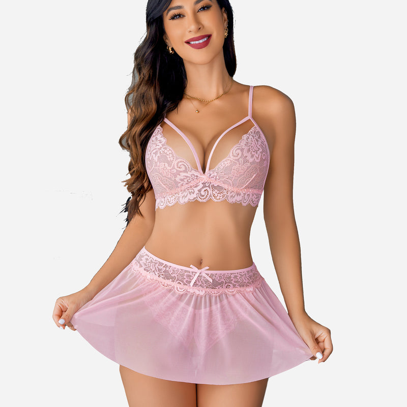 Avidlove pink 3-piece lingerie set: lace bralette, mesh skirt, lace thong. Intimate moments.