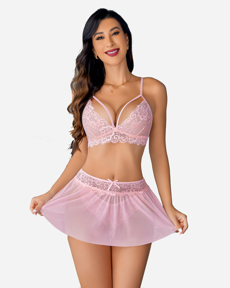 Avidlove pink 3-piece lingerie set: lace bralette, mesh skirt, lace thong. Intimate moments.