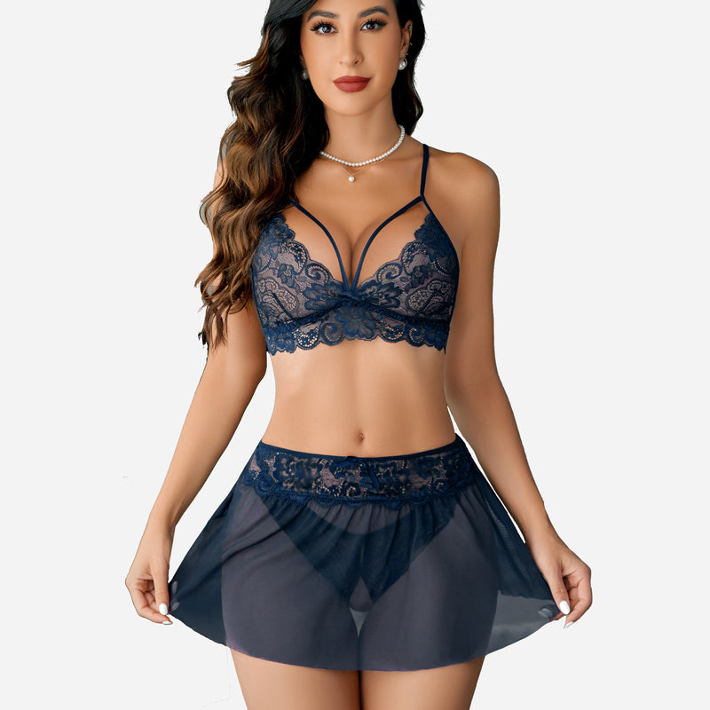 Navy lace bralette, mesh skirt, and thong lingerie set by Avidlove, ideal for intimate moments