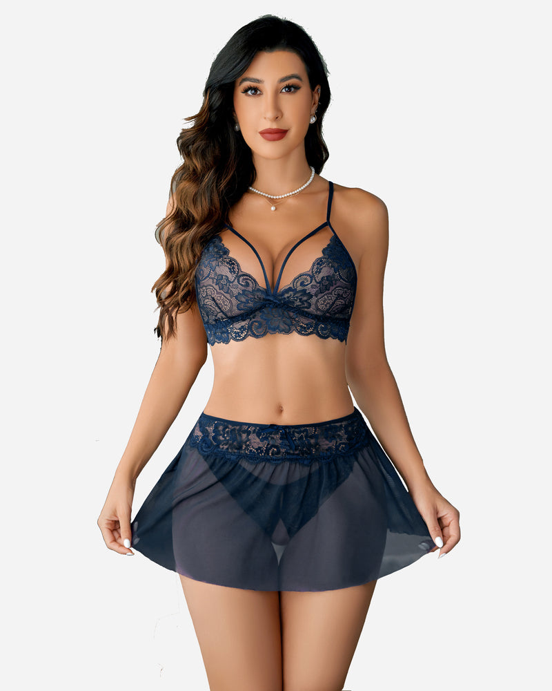 Navy lace bralette, mesh skirt, and thong lingerie set by Avidlove, ideal for intimate moments