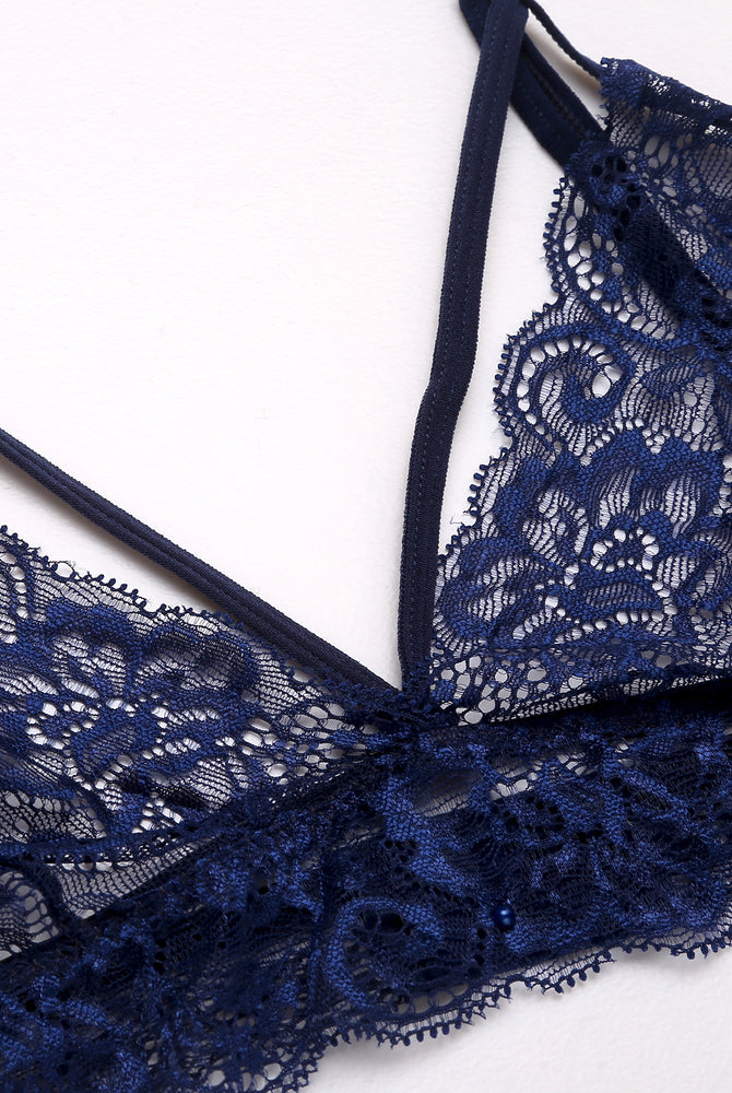 Navy blue lace bralette with adjustable straps, perfect for intimate moments, Avidlove lingerie.