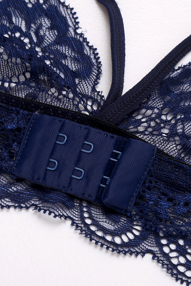 Navy lace bralette: Hook closure and delicate trim. Perfect for intimate moments. 3-piece lingerie set.