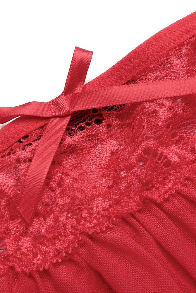 Red lace thong panty with delicate satin bow detail, perfect for intimate moments