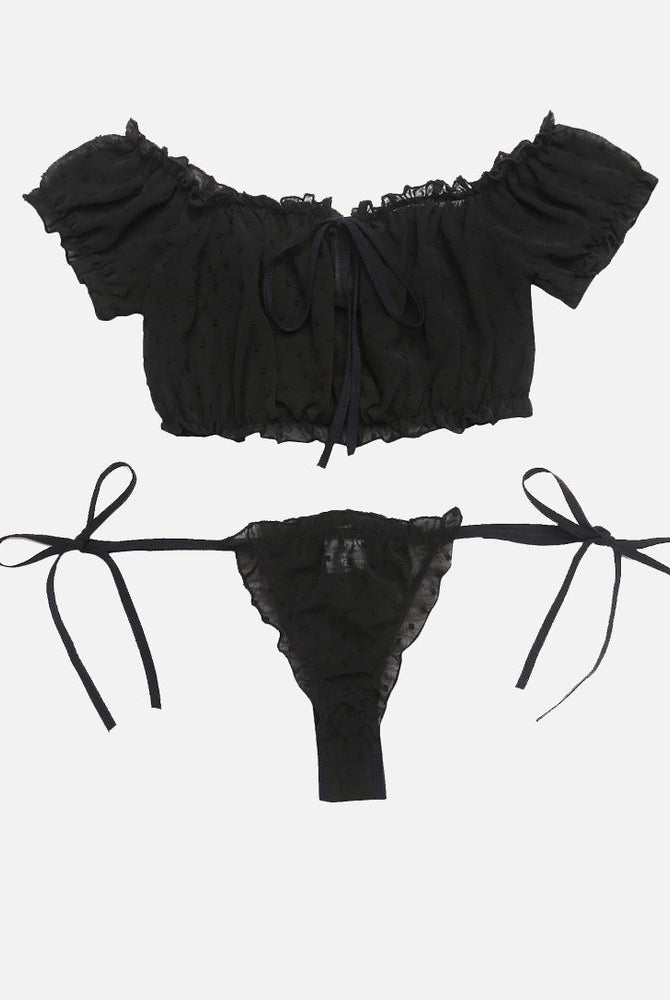 Avidlove black mesh ruffle lingerie set. Off-shoulder design, tie-side lingerie. Sensual look.