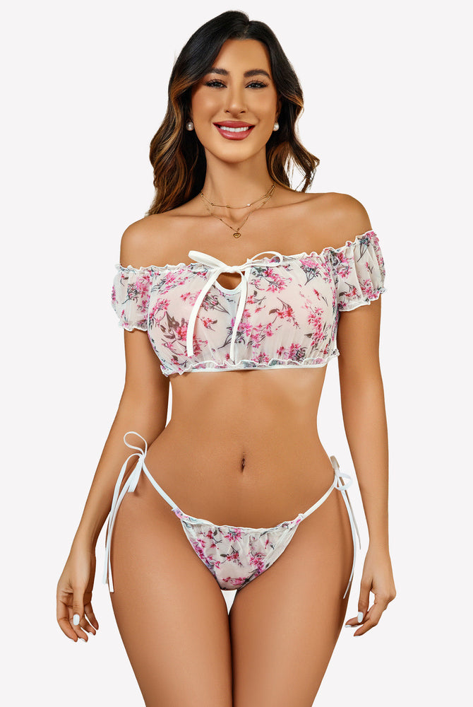 Floral lingerie set, off-shoulder top and thong. White with pink floral design, Christmas gift.