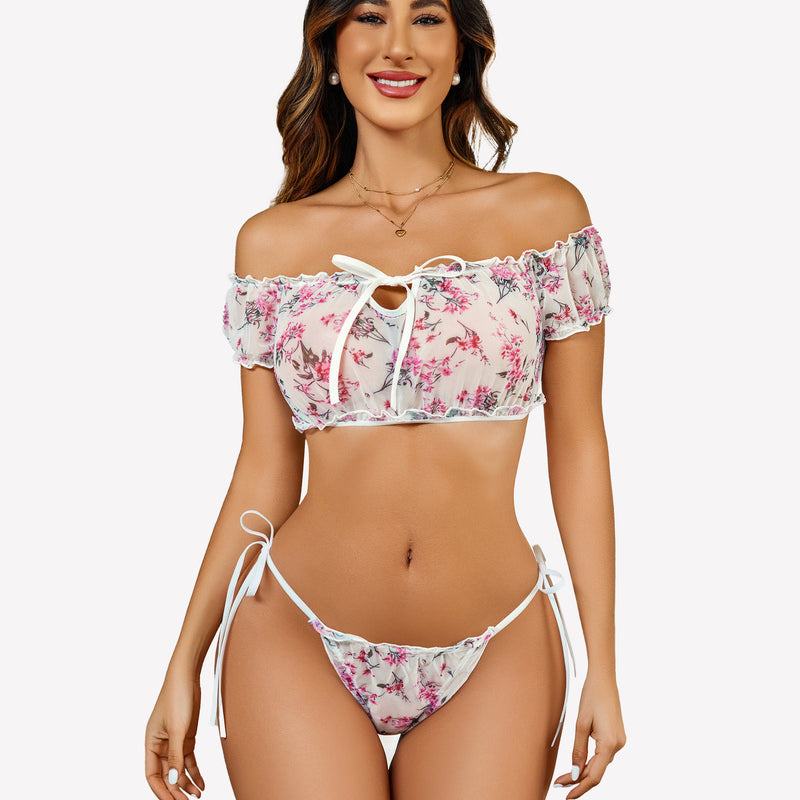 Floral lingerie set, off-shoulder top and thong. White with pink floral design, Christmas gift.