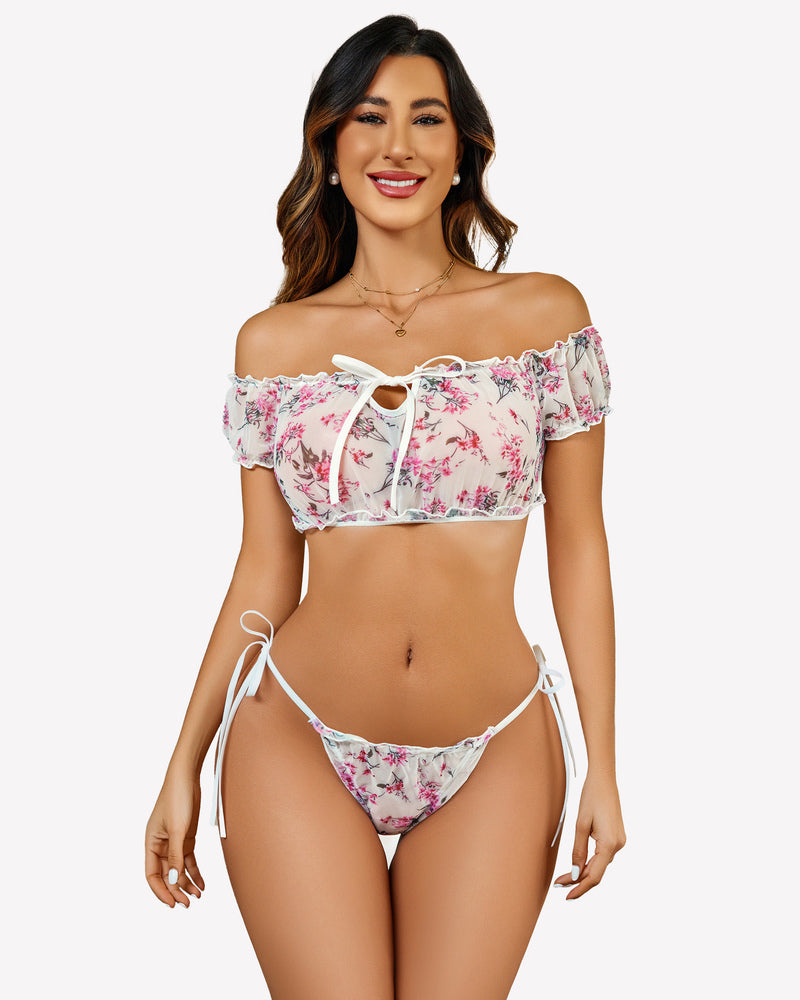 Floral lingerie set, off-shoulder top and thong. White with pink floral design, Christmas gift.