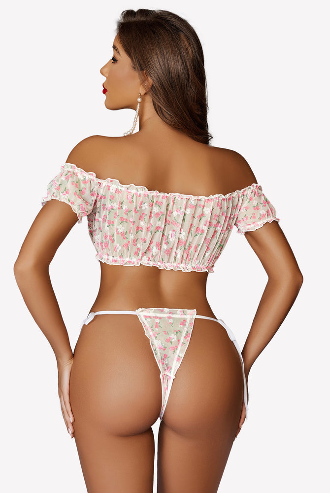 Floral lingerie set. Off-shoulder top and thong. Christmas gift for her. Pink floral pattern.