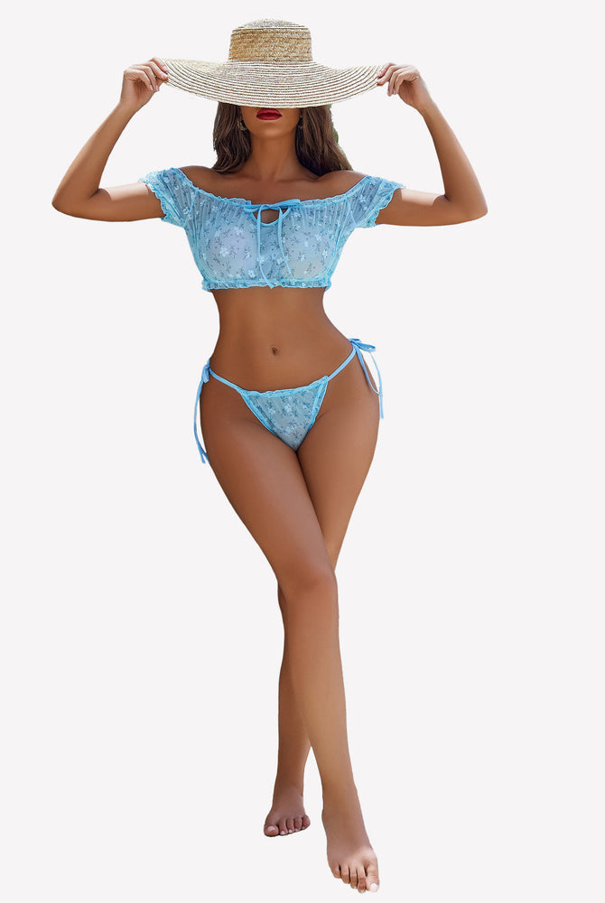 Light blue floral lingerie set with off-shoulder top and thong. Perfect Christmas gift.