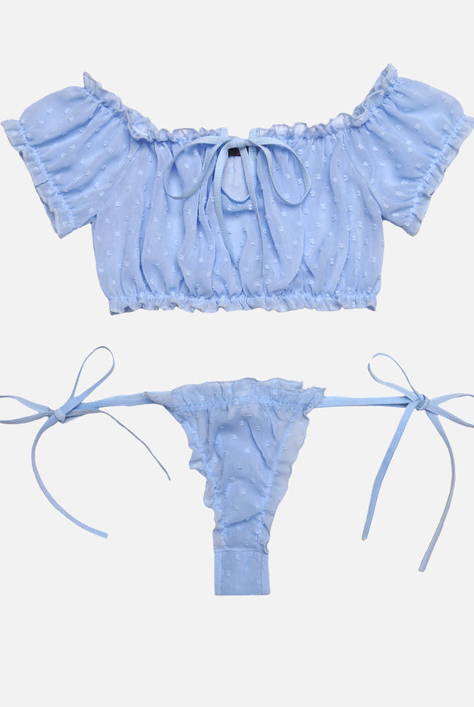 Avidlove blue mesh ruffle lingerie set. Off-shoulder bra and tie-side panty. Perfect for lingerie.