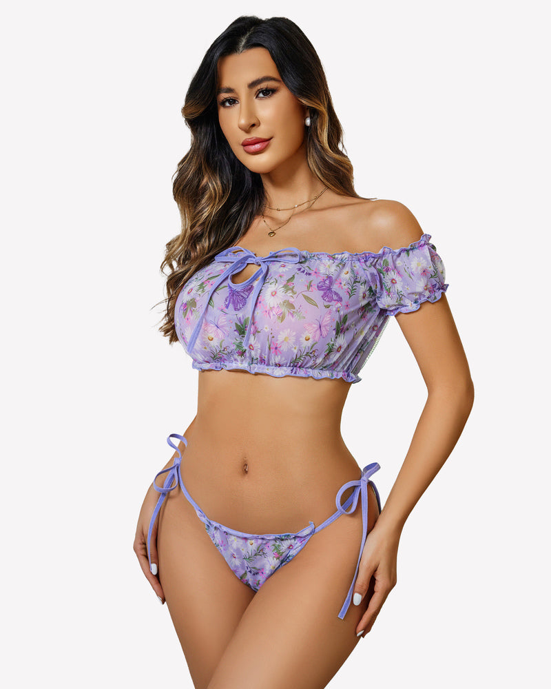 Purple floral lingerie set, off-shoulder top and thong. Perfect Christmas gift.