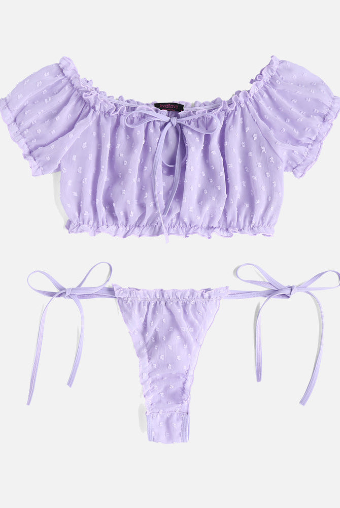 Lavender mesh crop top and tie-side panty lingerie set by Avidlove, designed for confidence.