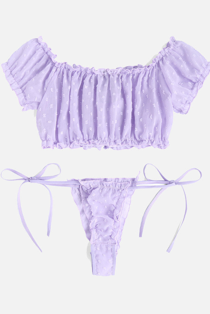 Avidlove Lilac Mesh Ruffle Lingerie Set, off-shoulder bra and tie-side panty with dotted mesh.