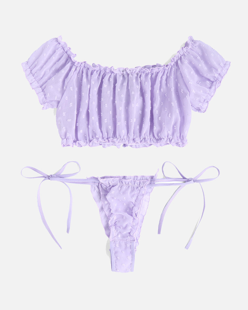 Lavender mesh crop top and tie-side panty lingerie set, designed for confidence and style.