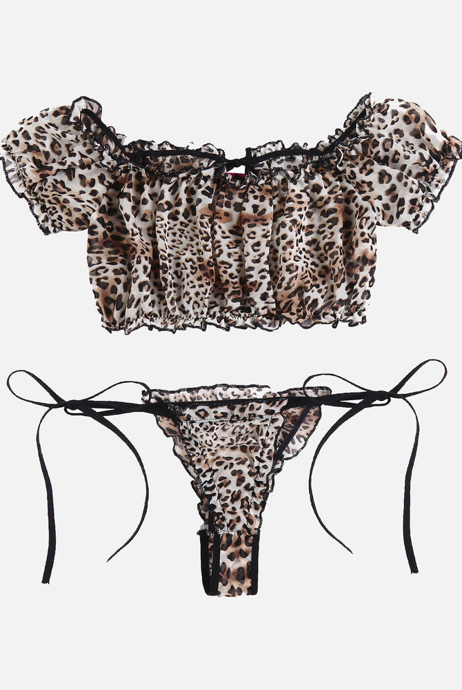 Leopard print mesh ruffle lingerie set with off-shoulder design and tie sides. Sensual lingerie.