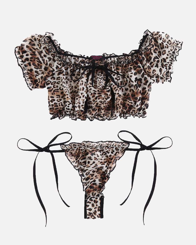 Leopard print lingerie set. Ruffled off-shoulder top and tie-side bottoms. Sexy Avidlove lingerie.