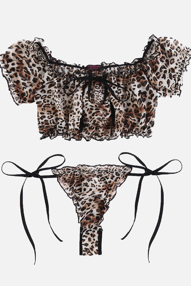 Leopard print ruffle bra and panty set with black ties. Comfortable and sexy lingerie.