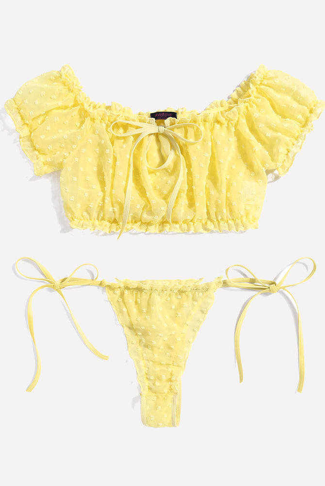 Avidlove yellow polka dot lingerie set, ruffle crop top and tie-side. Sexy lingerie