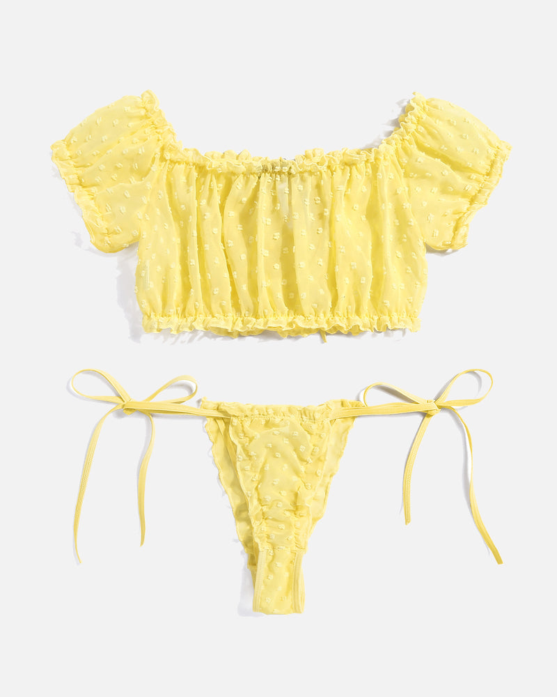 Yellow polka dot lingerie set with ruffle crop top and tie-side panty. Avidlove lingerie