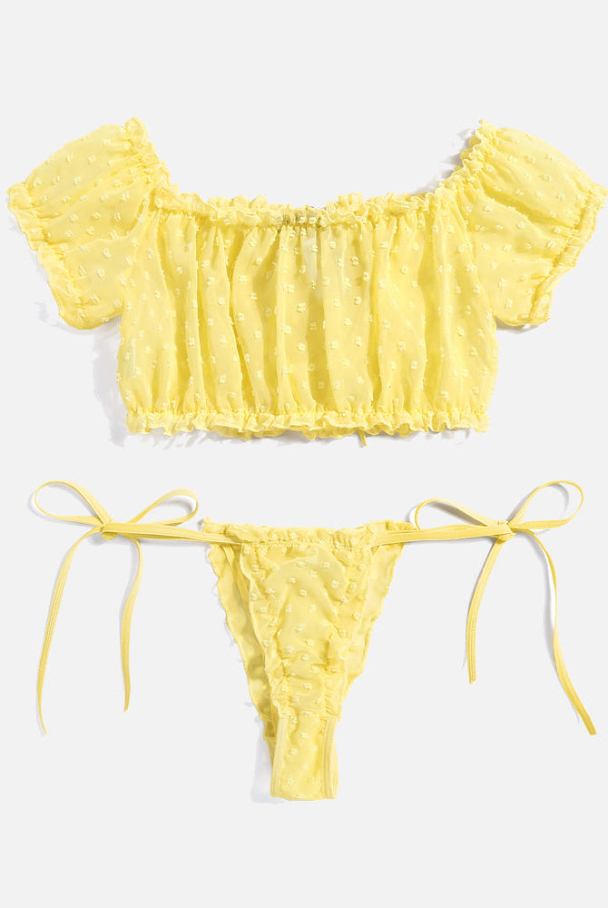 Yellow mesh ruffle lingerie set with tie sides, off-shoulder top. Sexy Avidlove lingerie.