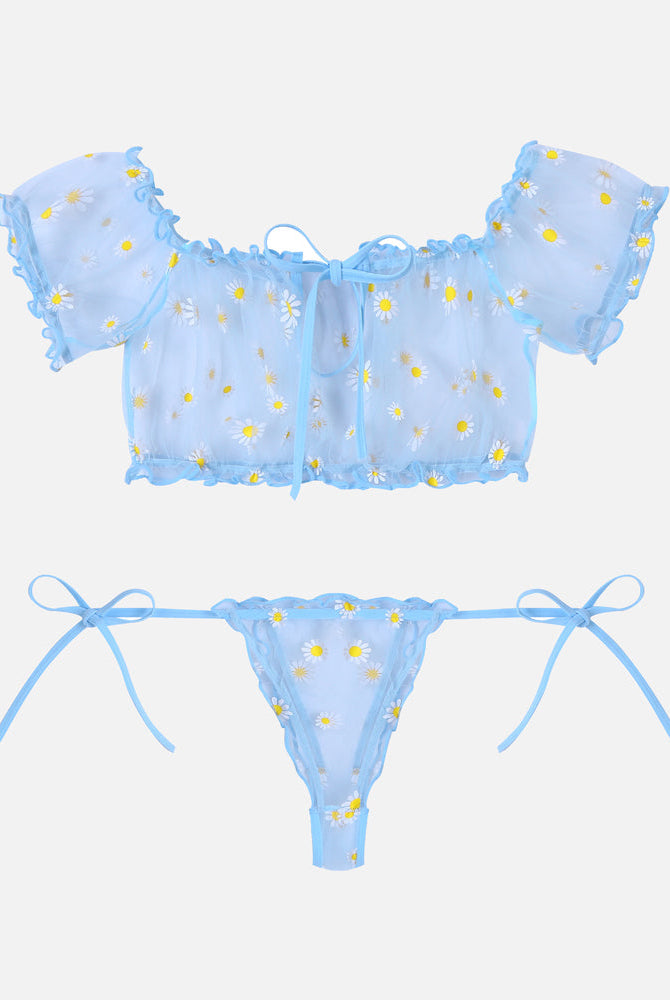 Mesh bra and panty set, light blue ruffle off-shoulder top and thong with daisy print