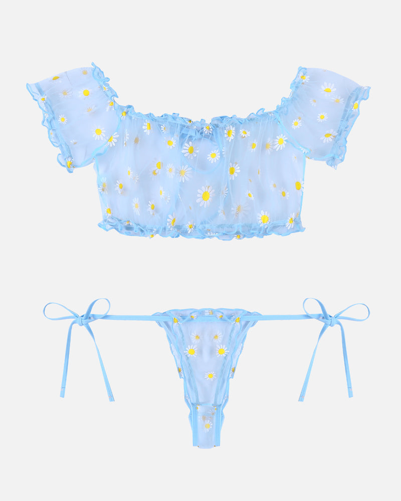 Blue floral lingerie set with daisy embroidery, featuring a ruffled top and a thong with tie sides