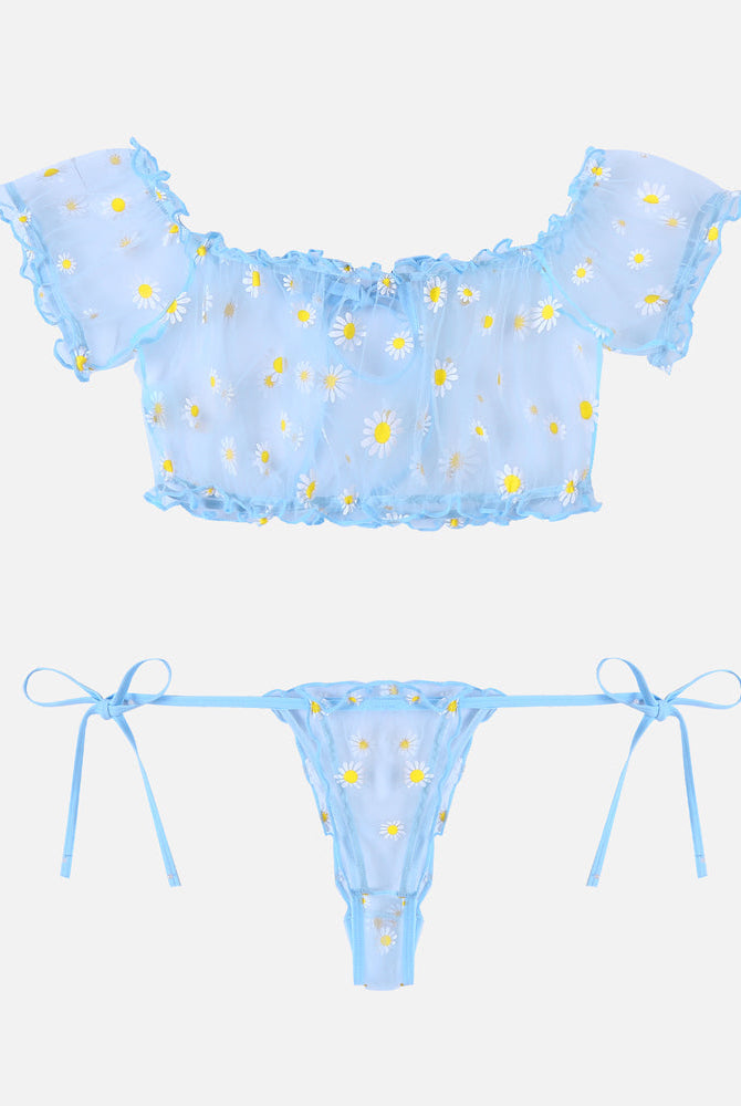 Blue floral mesh lingerie set. Daisy print, off-shoulder top, tie-side bottoms. Sexy lingerie