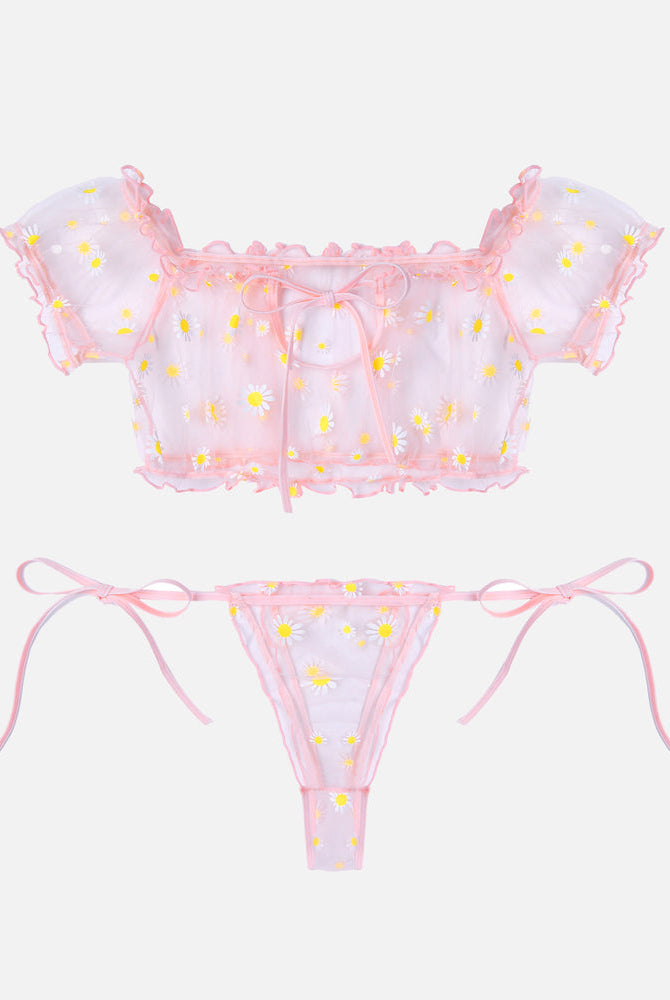 Pink floral embroidered lingerie set with ruffle crop top and tie-side thong. Avidlove lingerie.