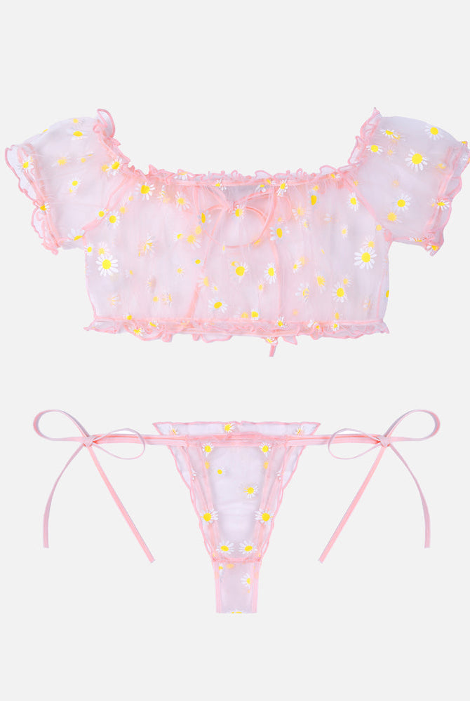 Daisy print pink lingerie set: sheer crop top and tie-side panty, comfortable and sexy.