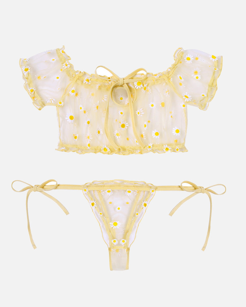 Avidlove yellow daisy mesh ruffle lingerie set. Off-shoulder bra, tie-side panty. Floral lingerie.