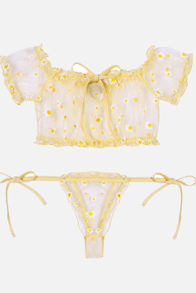 Yellow daisy mesh lingerie set. Off-shoulder top and tie-side bottoms. Sexy lingerie.