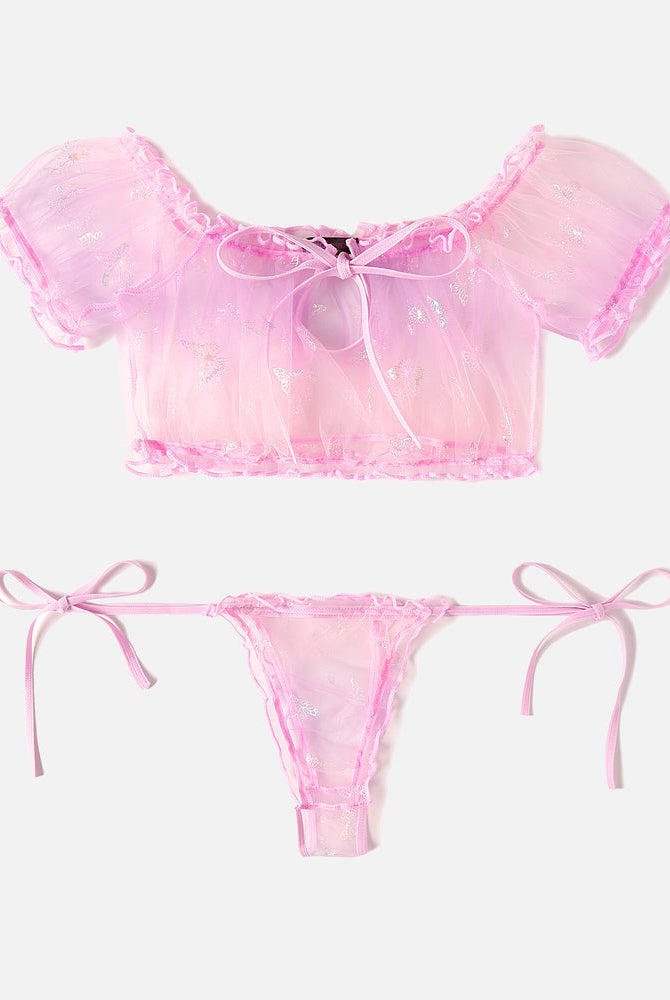 Avidlove Pink Mesh Ruffle Lingerie Set with off-shoulder and tie sides. Floral lingerie.
