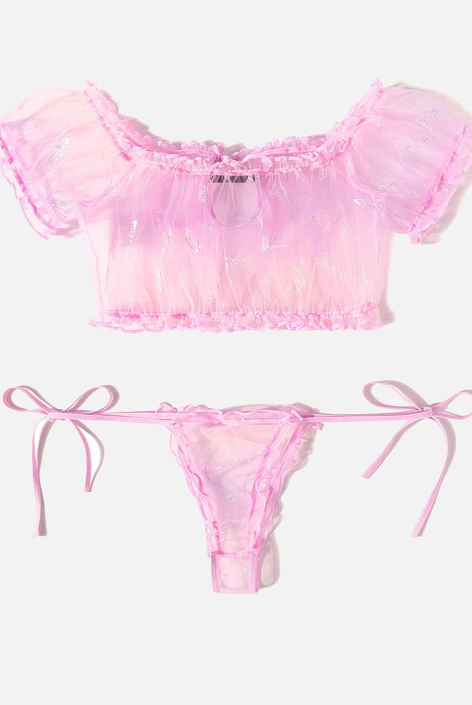 Pink butterfly mesh lingerie set. Off-shoulder top, tie-side thong. Sexy Avidlove lingerie.