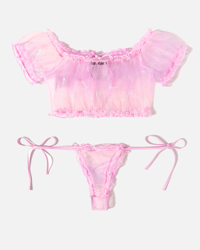 Pink sheer butterfly lingerie set with ruffle crop top and tie-side thong. Sexy lingerie.