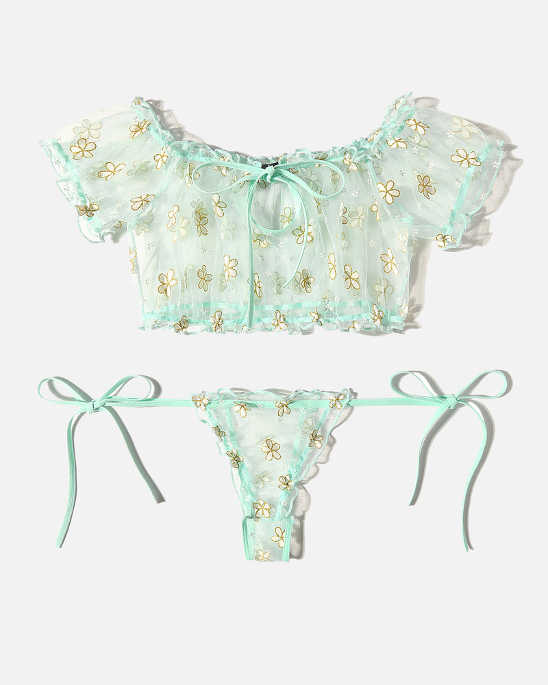 Mint floral embroidered lingerie set with ruffle crop top, tie-side thong. Sexy Avidlove lingerie.