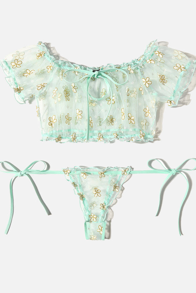 Light blue daisy mesh lingerie set, off-the-shoulder crop top and tie-side panty for confidence.