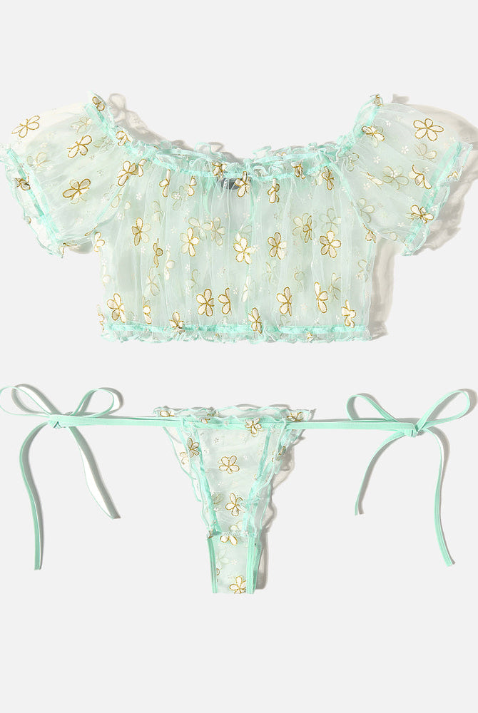 Green floral embroidered lingerie set, ruffle crop top and tie-side thong. Avidlove lingerie.