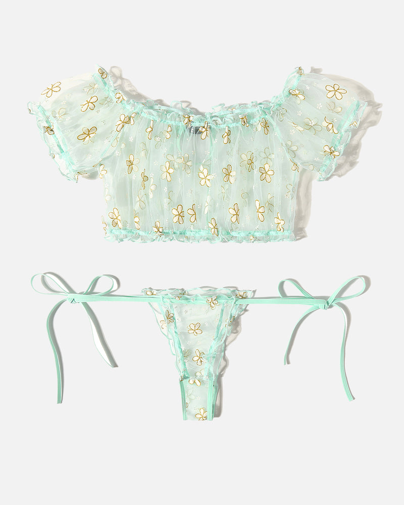 Mint green floral mesh lingerie set, off-shoulder top and tie-side bottoms. Sexy Avidlove lingerie.