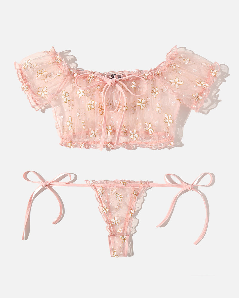 Avidlove pink floral mesh lingerie set. Off-shoulder bra and tie-side panty. Soft and lightweight.