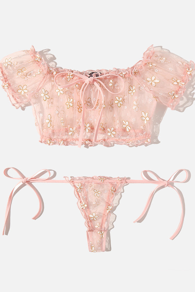 Pink floral embroidered lingerie set with ruffle crop top and tie-side thong from Avidlove