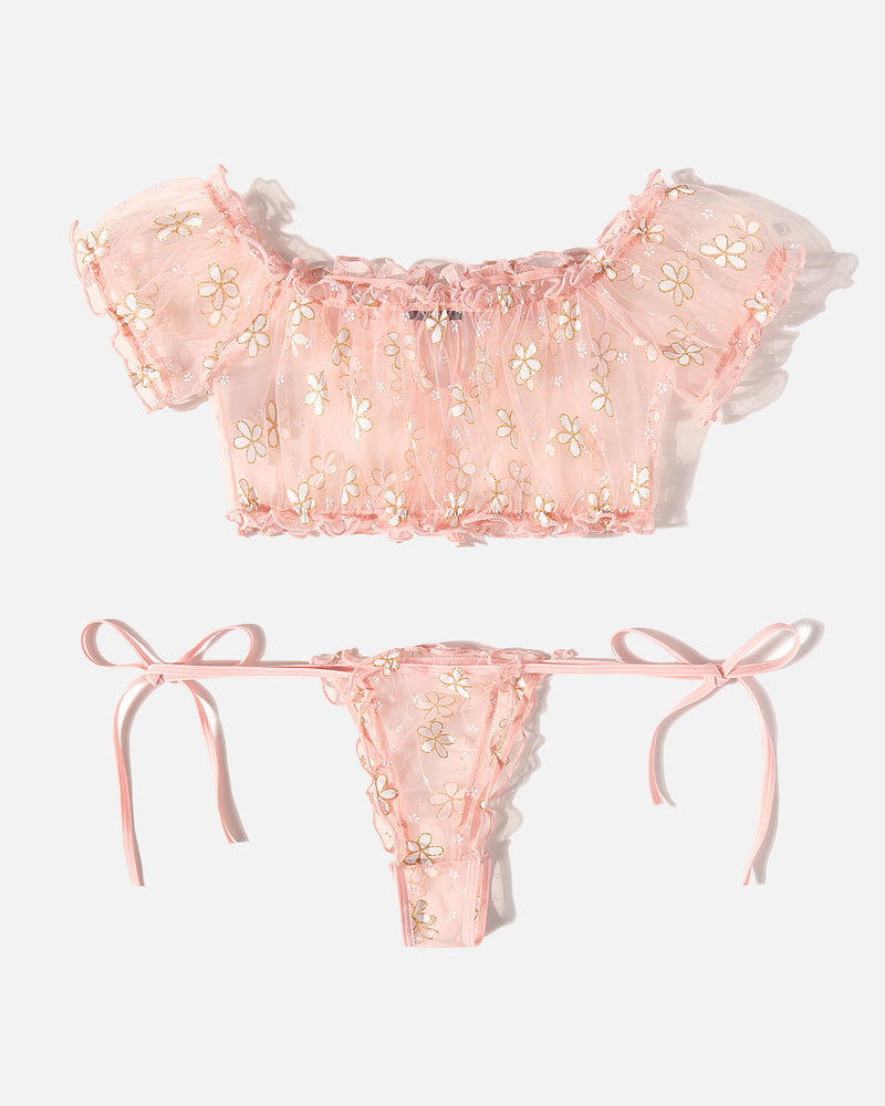 Avidlove pink floral mesh lingerie set. Off-shoulder bra, tie-side panty. Floral lingerie.
